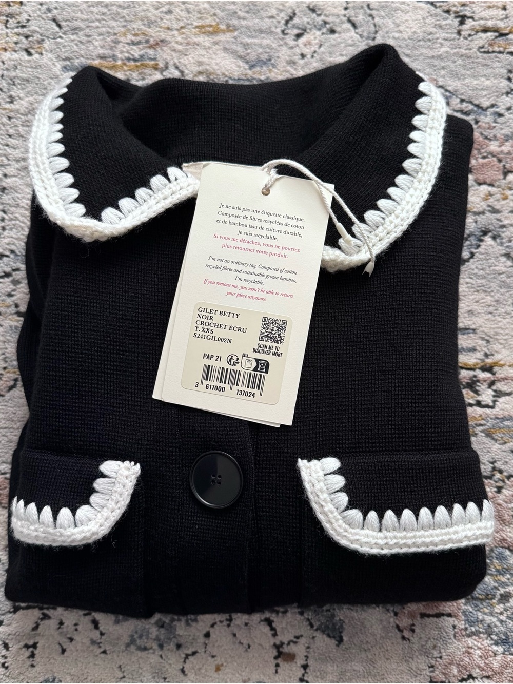 Sézane Betty Black/Ecru Crochet Cardigan, XXS - Picture 6 of 7